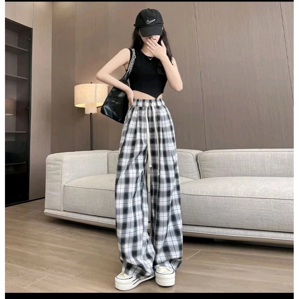 Quần Nữ Ống Rộng Kẻ Caro Hạt Đá Bling Dáng Suông Cạp Chun Phong Cách Hàn Quốc Q2