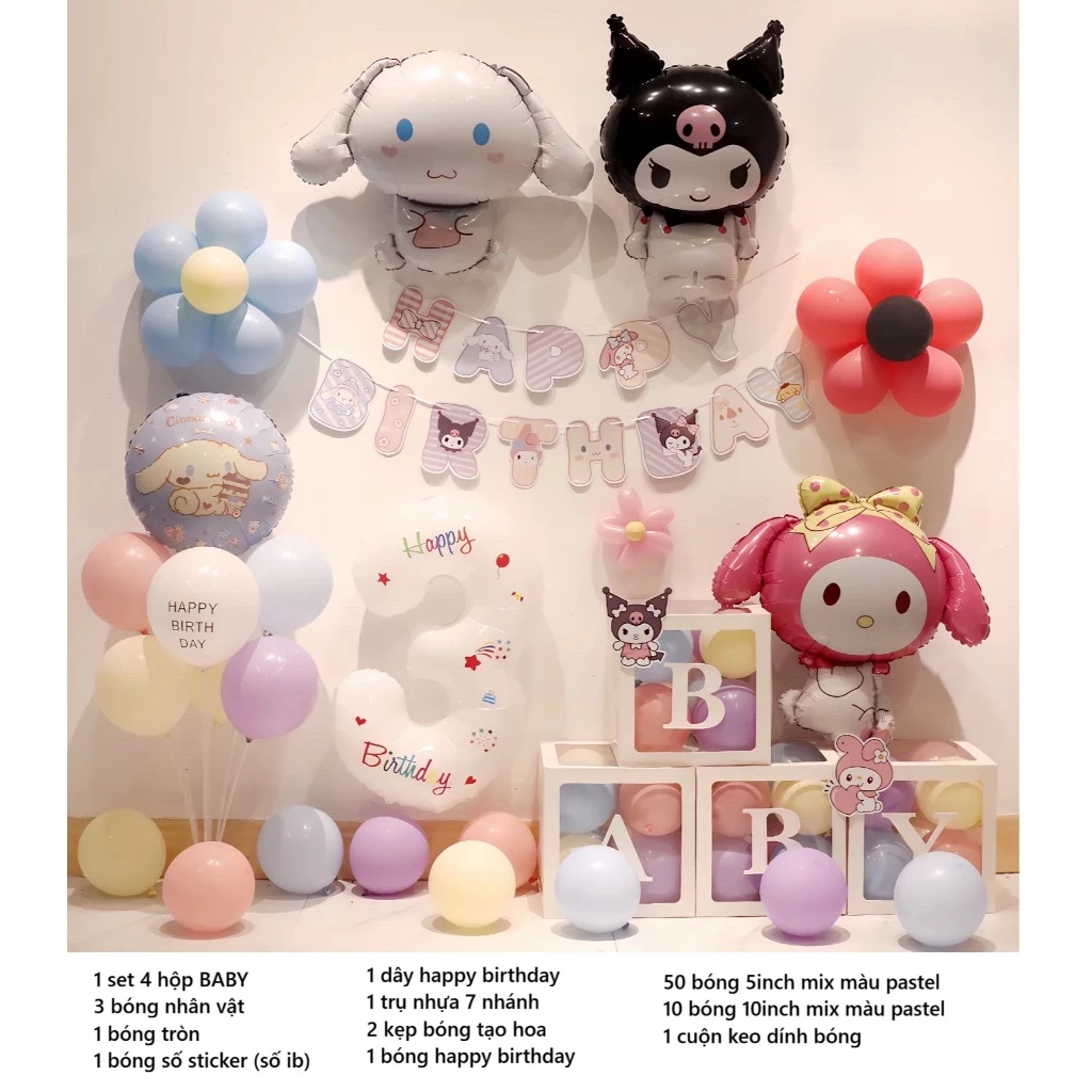 Set bóng Kuromi- Melody- Cinnamoroll trang trí sinh nhật- chủ đề nhân vật hoạt hình cho bé
