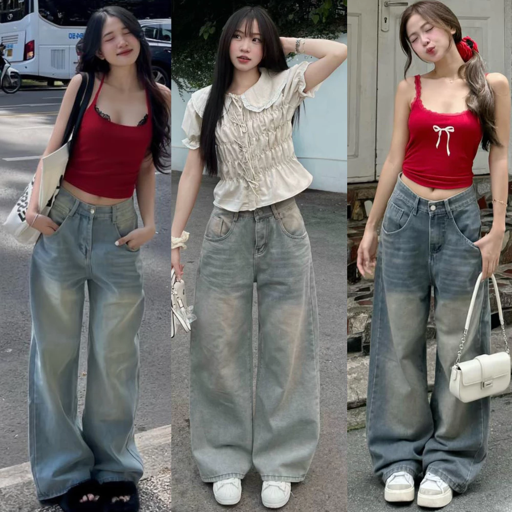 Quần Jeans Bò Wash Ống Rộng Suông Cạp Cao Tôn Dáng Nữ Unisex , Quần Bò Ống Suông Đủ Size Màu RETRO