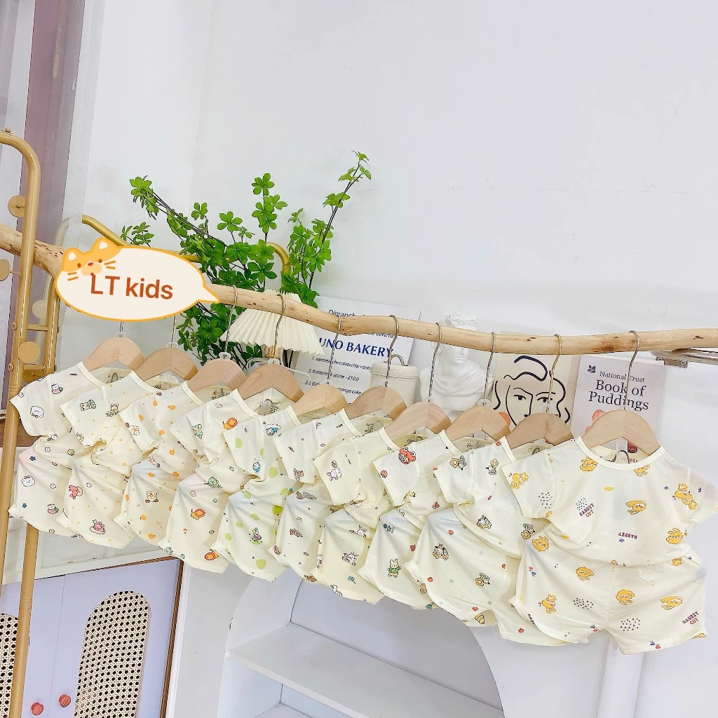 Combo 3-5 Bộ cộc tay sơ sinh Boonhouse bộ thun peptit mềm mại nền kem in hoạ tiết cho bé từ 3-13kg