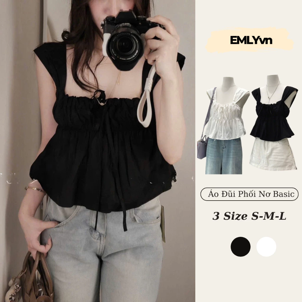 EMLY - Áo Thô Babydoll Nữ Cute Phối Dây Rút Thắt Nơ Mặc Hè Cực Mát, Áo 2 Dây Kiểu Nữ Hot Hè 2025