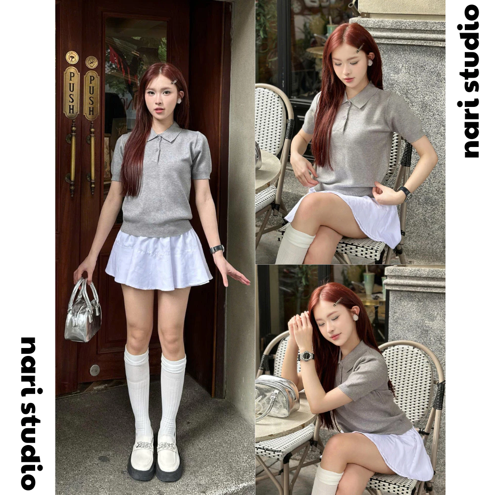 Áo len cộc tay cổ polo phối cúc basic trơn form vừa chất lông thỏ mềm NARI hàng loại 1 PL03