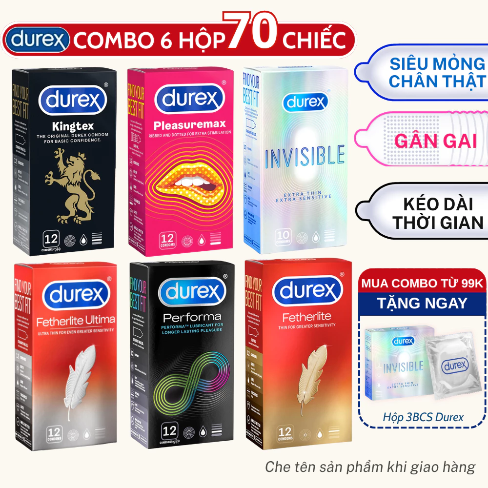 Combo 6 hộp 70 bao bán chạy nhất thương hiệu Durex Siêu mỏng, Kéo dài thời gian, Ôm sát, Gân Gai - 18Centi