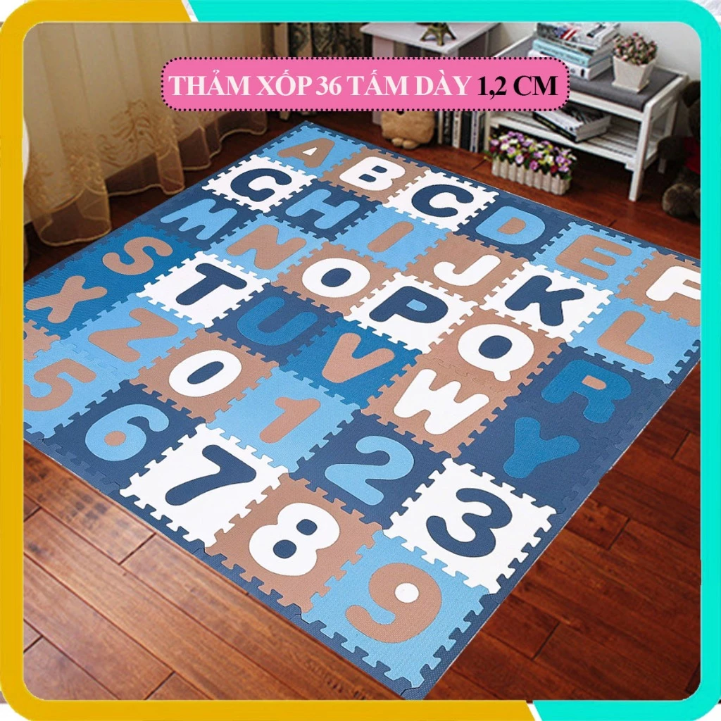 Thảm xốp cho bé 36 tấm dày 1,2cm, (26 chữ cái và 10 chữ số),Có viền, Màu pastel, Kích thước mỗi tấm 30x30x1,2cm