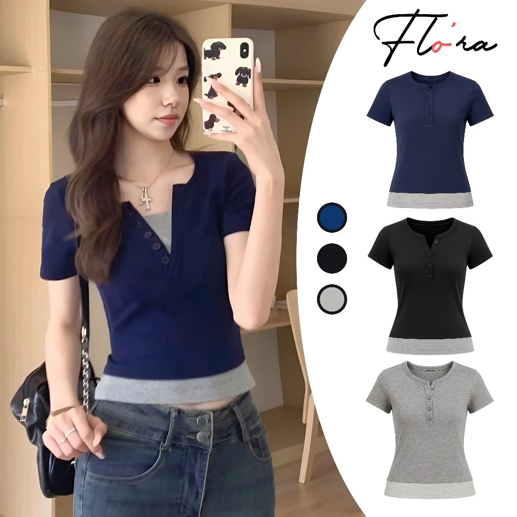 Áo Thun TAY NGẮN CỔ TRỤ PHỐI 2 LỚP CÀI 4 NÚT Dáng Dài DD74, Áo Babytee Nữ Thun Gân Cổ V Điệu Đà Flo'ra