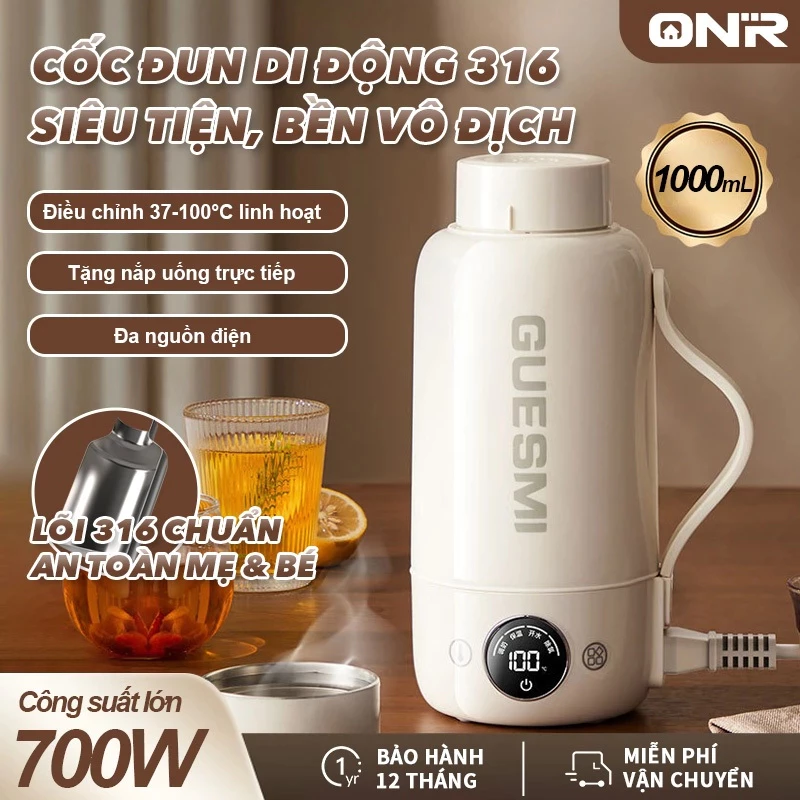 Ấm Siêu Tốc 1000ml, Bình Đun Nước Di Động 700W, Hiển Thị Nhiệt Độ, Mini Du Lịch Sôi Nhanh