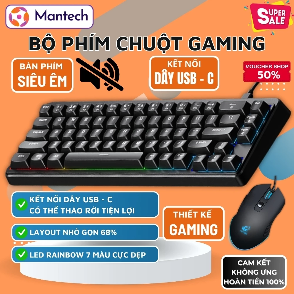 Bộ Phím Chuột Gaming FreeWolf M68SE + V1 - Bàn Phím Giả Cơ, Chuột DPI 3200, LED 7 Màu, Công Thái Học