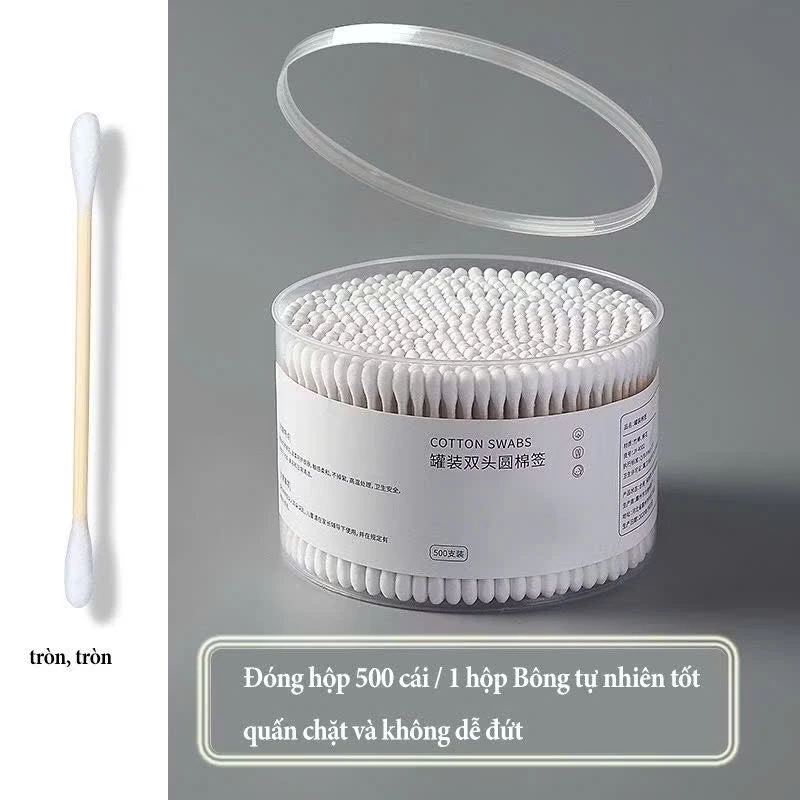 Hộp 500 Tăm Bông Ngoái Ráy Tai Cotton Thân Gỗ 2 Đầu Tròn Bông An Toàn Cho Mẹ Và Bé