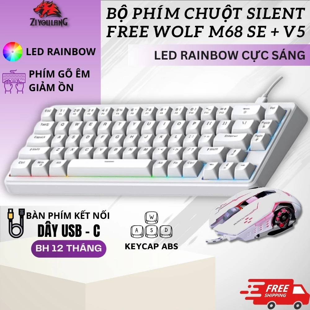 Combo Bàn Phím Silent Free Wolf M68SE + Chuột Gaming V5 - LED Rainbow 7 Màu, Layout 68%, DPI 3.200