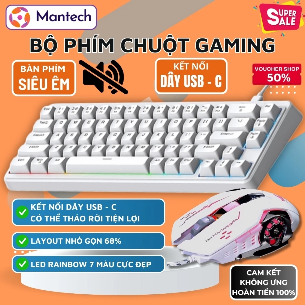 Bộ Bàn Phím Giả Cơ FreeWolf M68SE + Chuột V5 - Thiết Kế Công Thái Học, LED Rainbow, Layout 68 Phím
