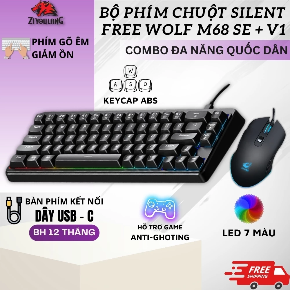 Combo Gaming Free Wolf M68SE + Chuột V1 - LED RGB 16 Triệu Màu, Thiết Kế Công Thái Học, Gõ Siêu Êm