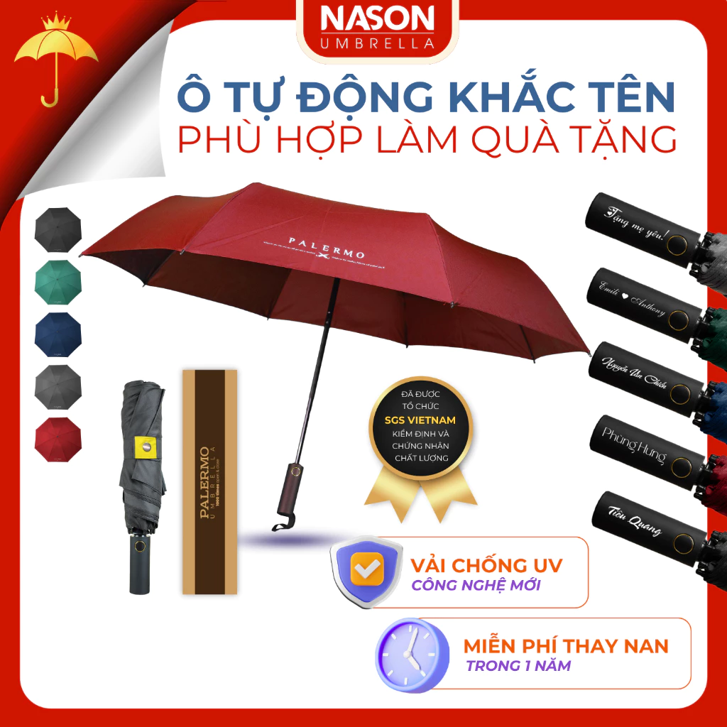 Ô dù tự động che mưa, che nắng Palermo Umbrella khắc tên trên tay cầm, chống nước, đóng mở trên 1000 lần, chống UV