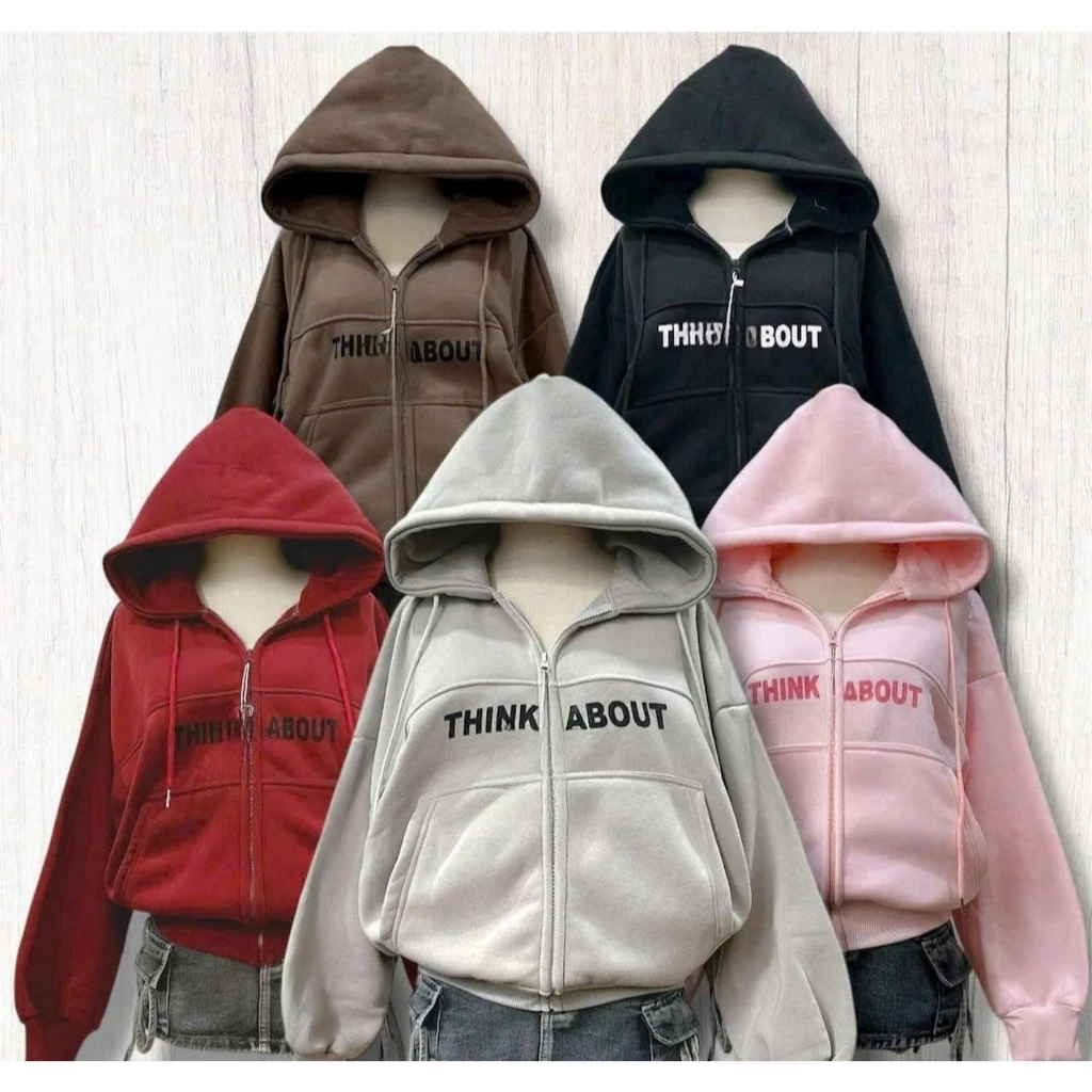 THINK ABOUT Áo Khoác Nữ Nỉ  Dày Mịn Loại 1 Logo Nổi Hoodie Zip Dây Kéo Phao Top Jacket Chống Nắng Túi Trong Dưới 64kg