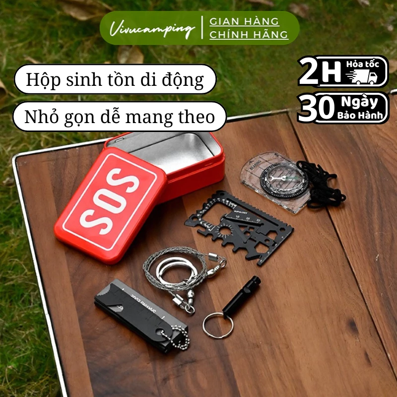 Hộp sinh tồn khẩn cấp mini đa năng 6in1, hộp dụng cụ SOS cứu hộ đi rừng leo núi cắm trại ngoài trời