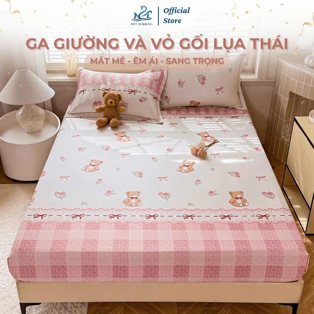 Bộ ga giường và vỏ gối lụa thái M2T BEDDING mềm, mịn, mát gồm 1 ga giường và 2 vỏ gối nằm
