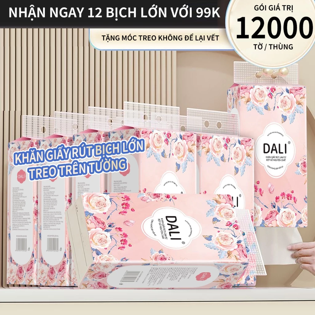 COMBO 12 bịch khăn giấy DALI tissue 4 Lớp Mềm Mại Và Thoải Mái 12000 tờ Giấy Vệ sinh le tissue ( Tặng 6 Móc Treo)