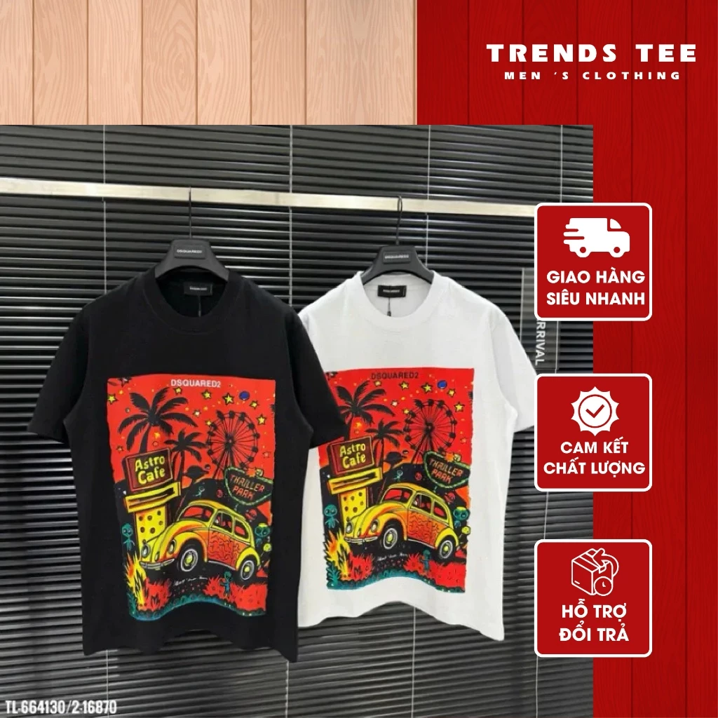 Áo Thun Nam Nữ Cotton 100% Cao Cấp 250Gsm In Hình DSQ Cây Dừa Đỏ Form Dày Dặn Co Giãn 2 Chiều