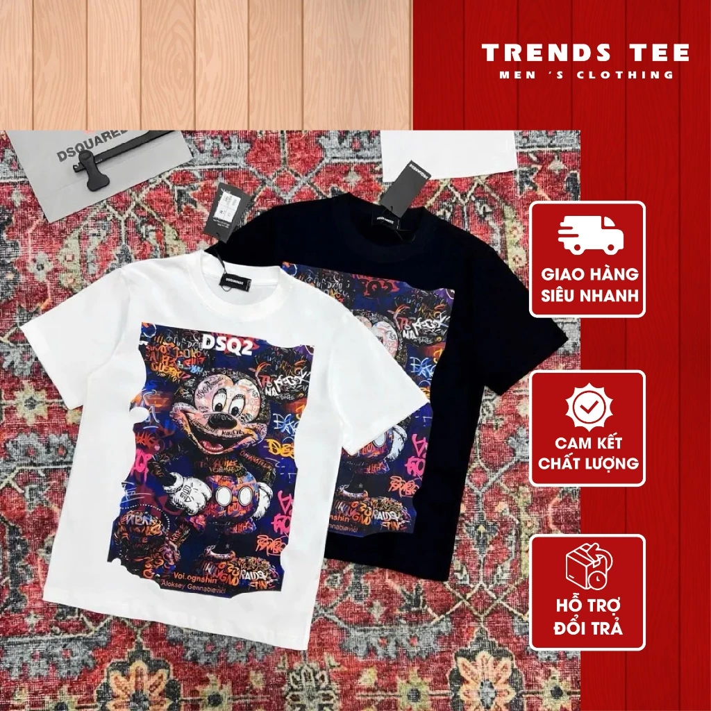 Áo Thun Nam Nữ Cotton 100% Cao Cấp 250Gsm In Hình DSQ MicKey Form Dày Dặn Co Giãn 2 Chiều