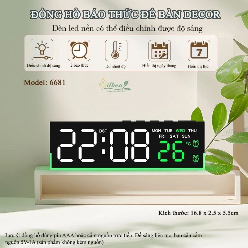 Đồng Hồ Decor Để Bàn Báo Thức LED Có Đèn Nền Trang Trí Điều Chỉnh Được Độ Sáng