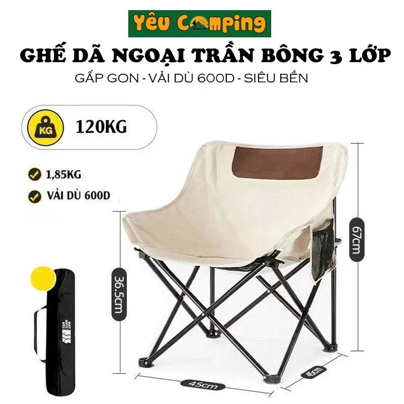 Ghế mặt trăng cắm trại, câu cá gấp gọn hàng chính hãng khung lõi thép 6 lớp, ghế vải dù 3 lớp chịu tải 120kg