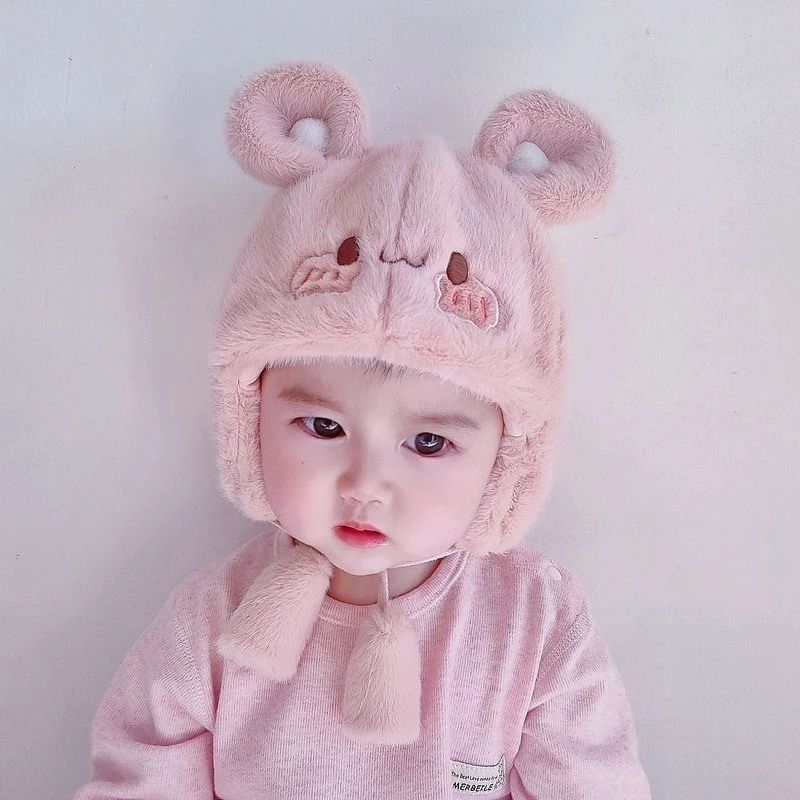 【Hwang】Mũ len lông vũ họa tiết hình chuột cho bé trai bé gái  - Mũ có dây buộc quả bông nơ mềm mịn Dày từ 0-