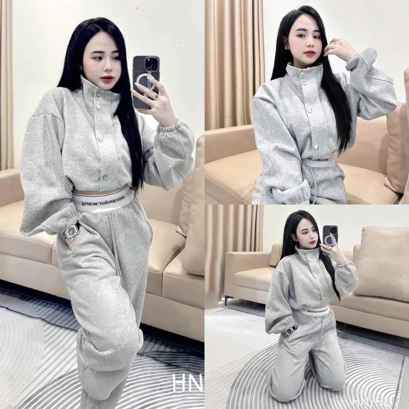 Set Nỉ Bông Cổ Cao Dáng Croptop Đính Cúc Kèm Quần Dáng Suông Sang Chảnh Siêu Xinh MS106