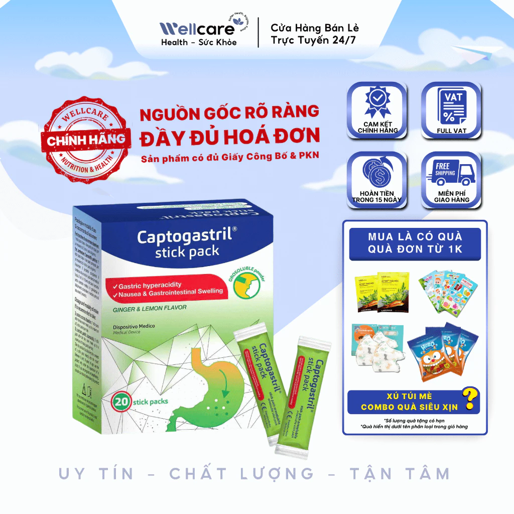 [✨CHÍNH HÃNG] Bột Tan Captogastril Hộp 20 Gói - Giúp Trung Hòa Acid Dạ Dày, Giảm Buồn Nôn, Khó Tiêu