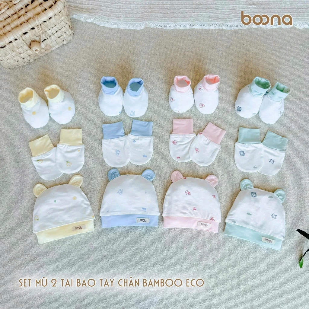 Set Mũ Tai Gấu Và Bao Tay Chân Eco Chất Vải Sợi Tre Eco Boona Cao Cấp Mềm Mát Cho Bé Sơ Sinh