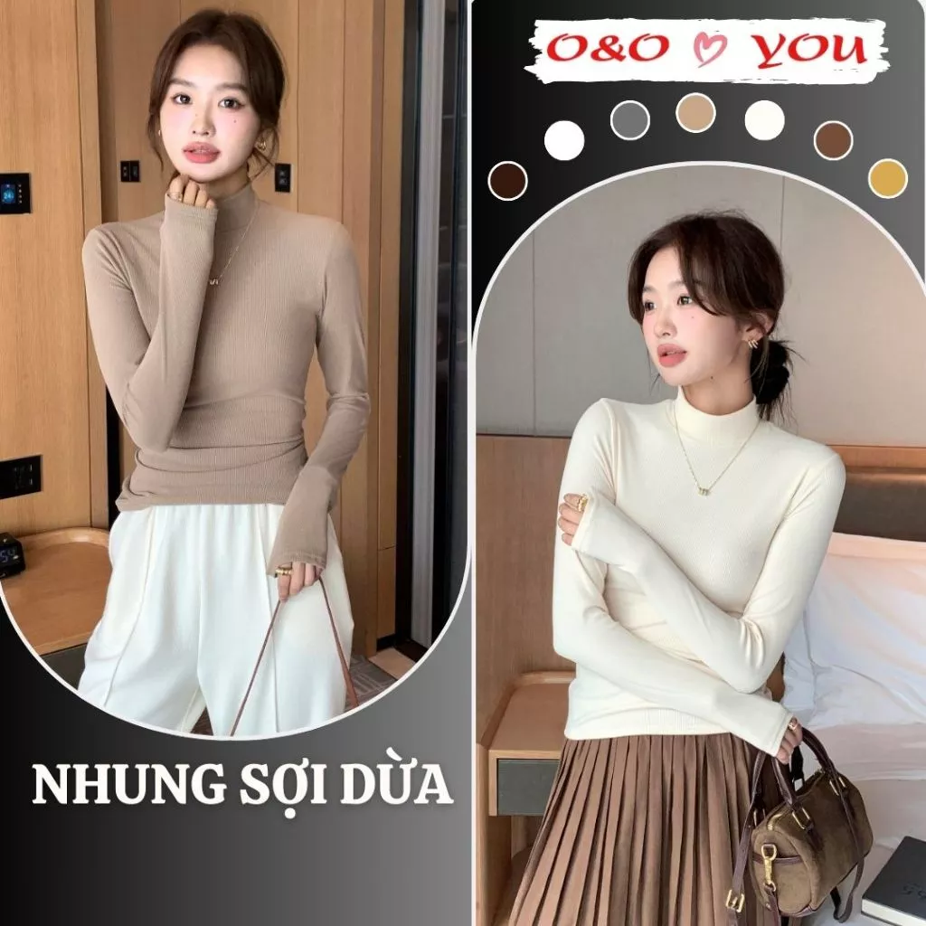 H329 Áo cổ lọ nửa cao giữ nhiệt nhung sợi dừa co giãn, mềm mại, nhẹ ấm, dễ phối, lý tưởng mùa lạnh