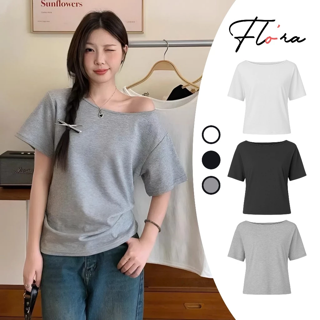 Áo Thun LỆCH VAI FORM RỘNG Dáng Dài Cộc Tay Basic DD90, Áo Thun Nữ Chất Cotton Kiểu Hở Vai Flo'ra