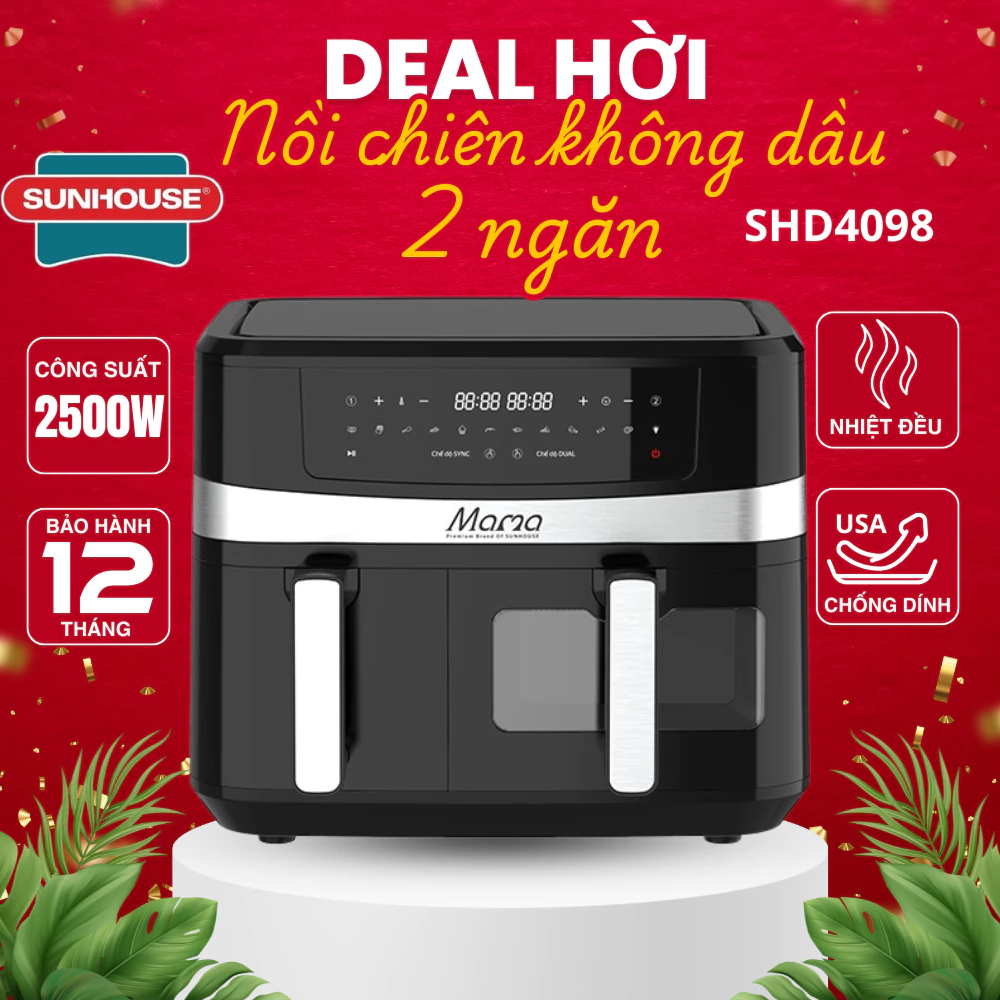 NỒI CHIÊN KHÔNG DẦU 2 NGĂN 10L SUNHOUSE MAMA SHD4098 Tùy chỉnh chế độ riêng cho từng ngăn