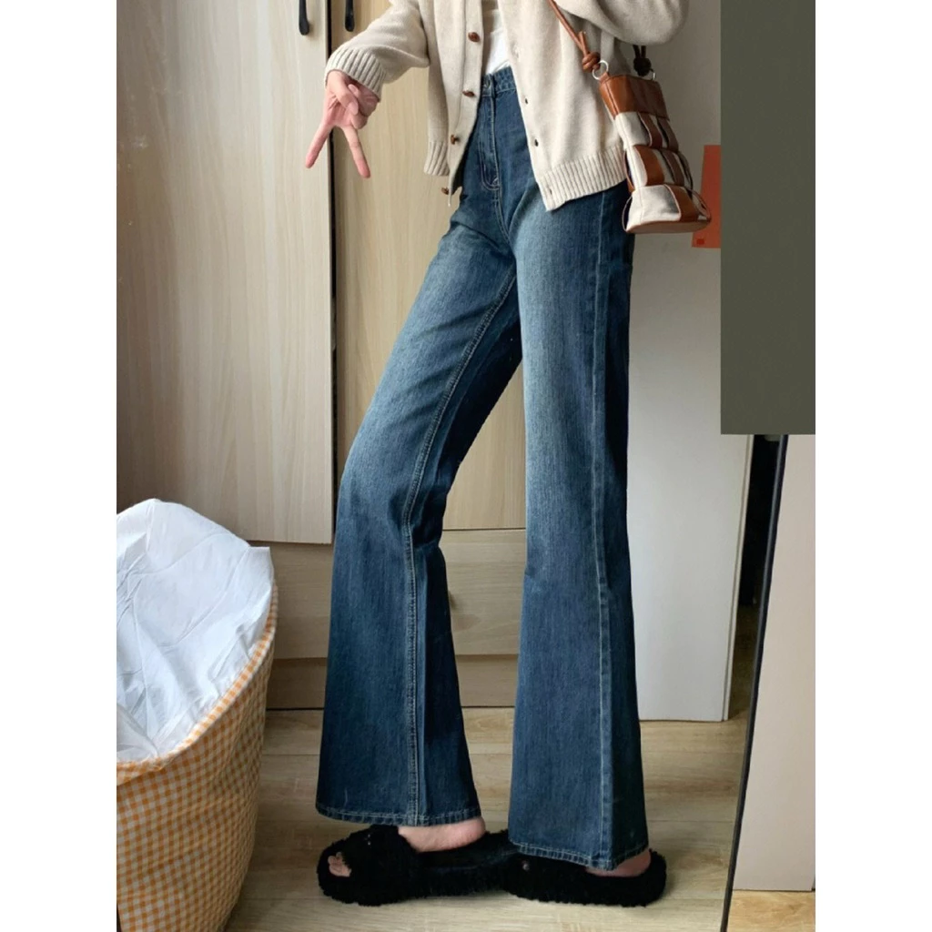 Quần jeans nữ xanh đen sọc ống loe lưng cao, quần bò loe thời trang Ulizzang hàn quốc