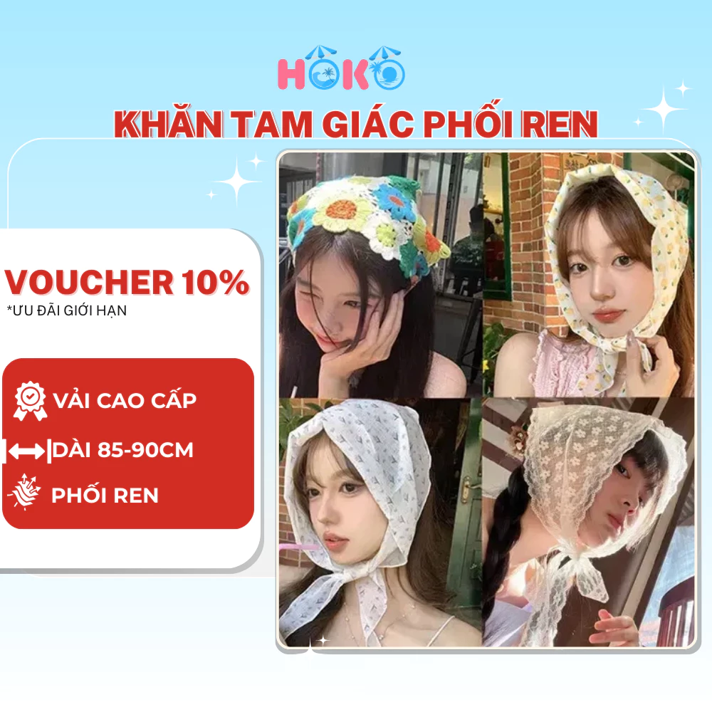 Khăn tam giác phối ren trùm đầu HOKO Khăn trùm đầu turban ren đi biển mùa hè du lịch siêu xinh mẫu mới
