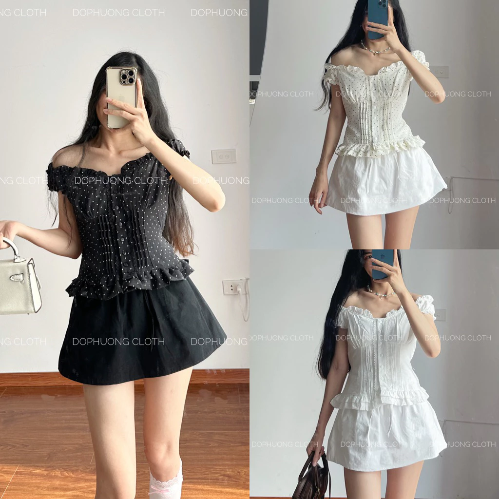 (Hàng chuẩn đẹp sẵn SM) Dottie Top - Áo thun trễ vai hack dáng chấm bi trendy 2025