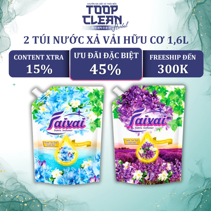 Combo 2 Nước Xả Vải Hữu Cơ Đậm Đặc FAIXAI 1.6L Công Nghệ Nhật Bản - Hương Lavender/ Ban Mai Xanh