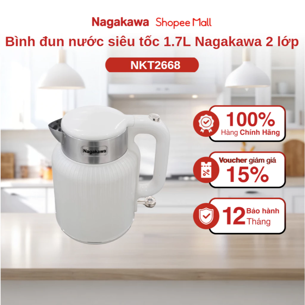 Bình đun nước siêu tốc 1.7L Nagakawa 2 lớp NKT2668, nhựa cao cấp & inox 304, rơ le kép an toàn, bảo hành 12 tháng