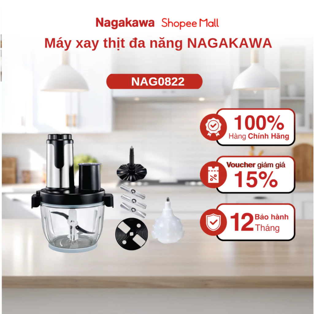 Máy xay thịt đa năng NAGAKAWA NAG0822, lưỡi dao kép, 6 chức năng, bảo hành 12 tháng, hàng chính hãng