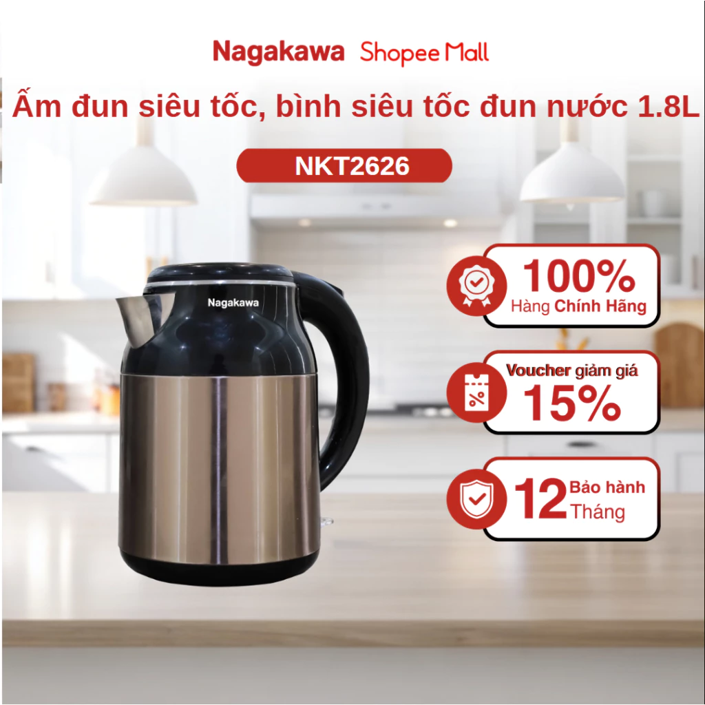 Ấm đun siêu tốc, bình siêu tốc đun nước 1.8L Nagakawa NKT2626, sôi nhanh, tiết kiệm thời gian, bảo hành chính hãng