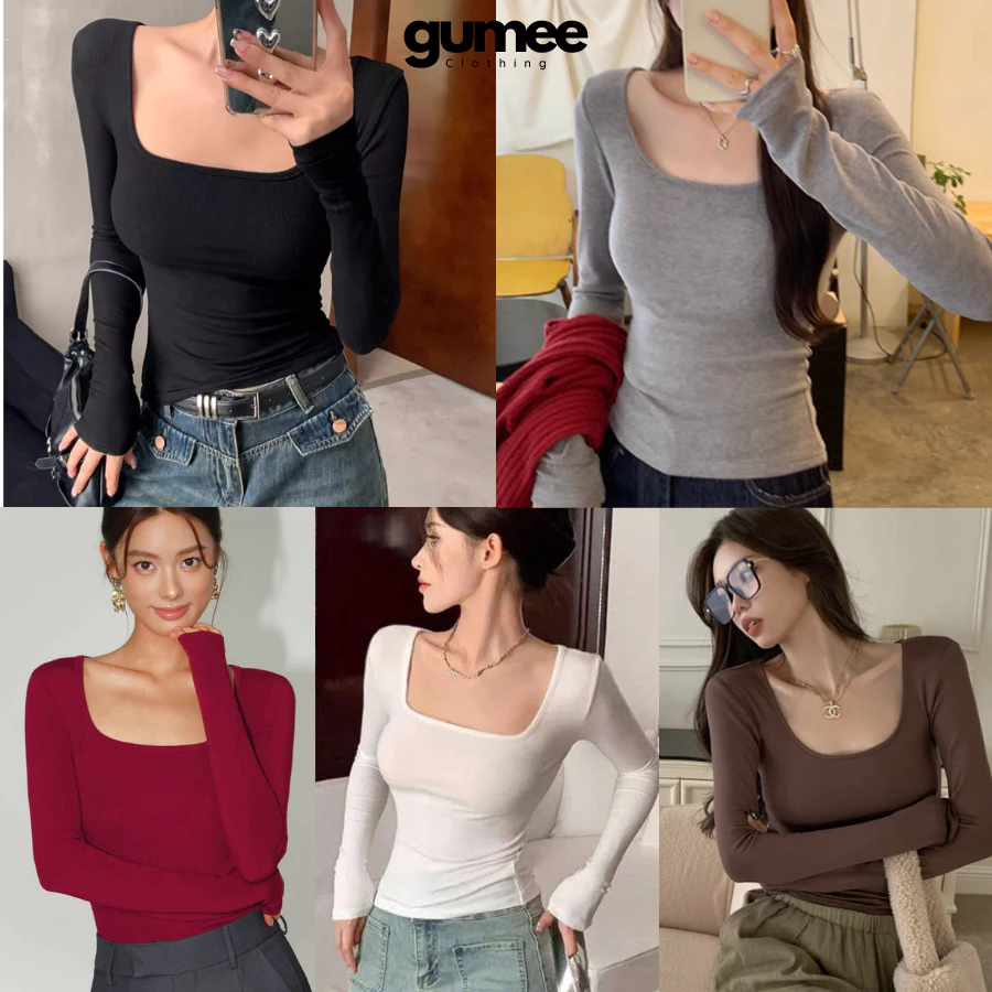Áo thun tay dài cổ vuông nữ Gumee, áo dài tay ôm body croptop fit dáng cup ngực mặc thu đông - G12