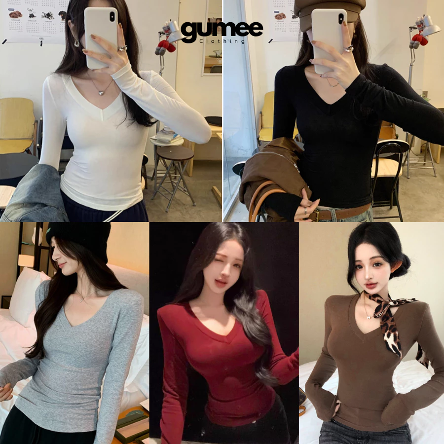 Áo tay dài cổ tim nữ Gumee, áo thun nữ dài tay ôm body fit dáng cotton giữ nhiệt mặc thu đông - G11