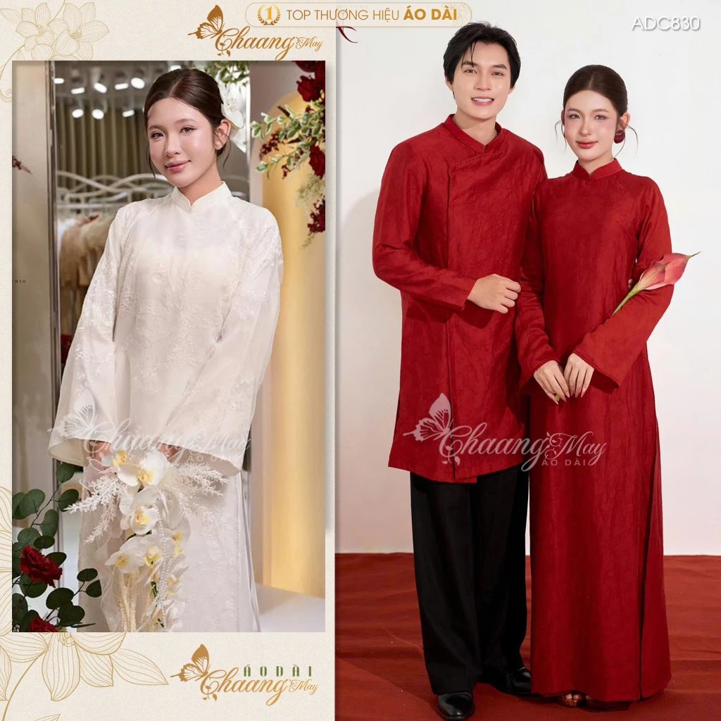 Áo dài cặp đôi cưới cô dâu chú rể lụa tằm Tencel ADC830 may sẵn dáng suông dự tiệc cưới hỏi tết đẹp
