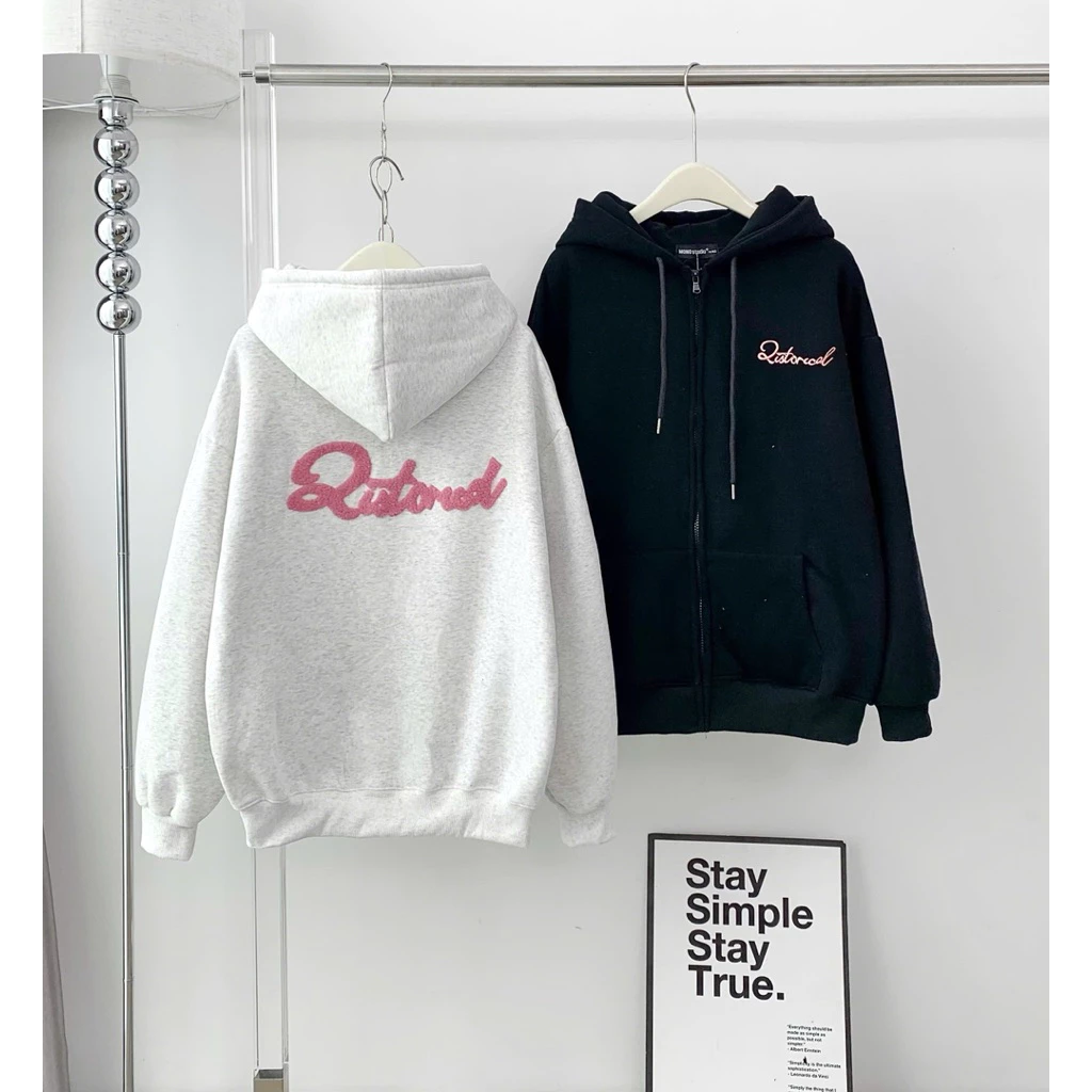 Áo khoác nỉ Bông Thêu Xù Form Dài Rộng Thêu Qintorical, áo khoác form dài rộng 40-70kg mặc đẹp Hoodie Zip