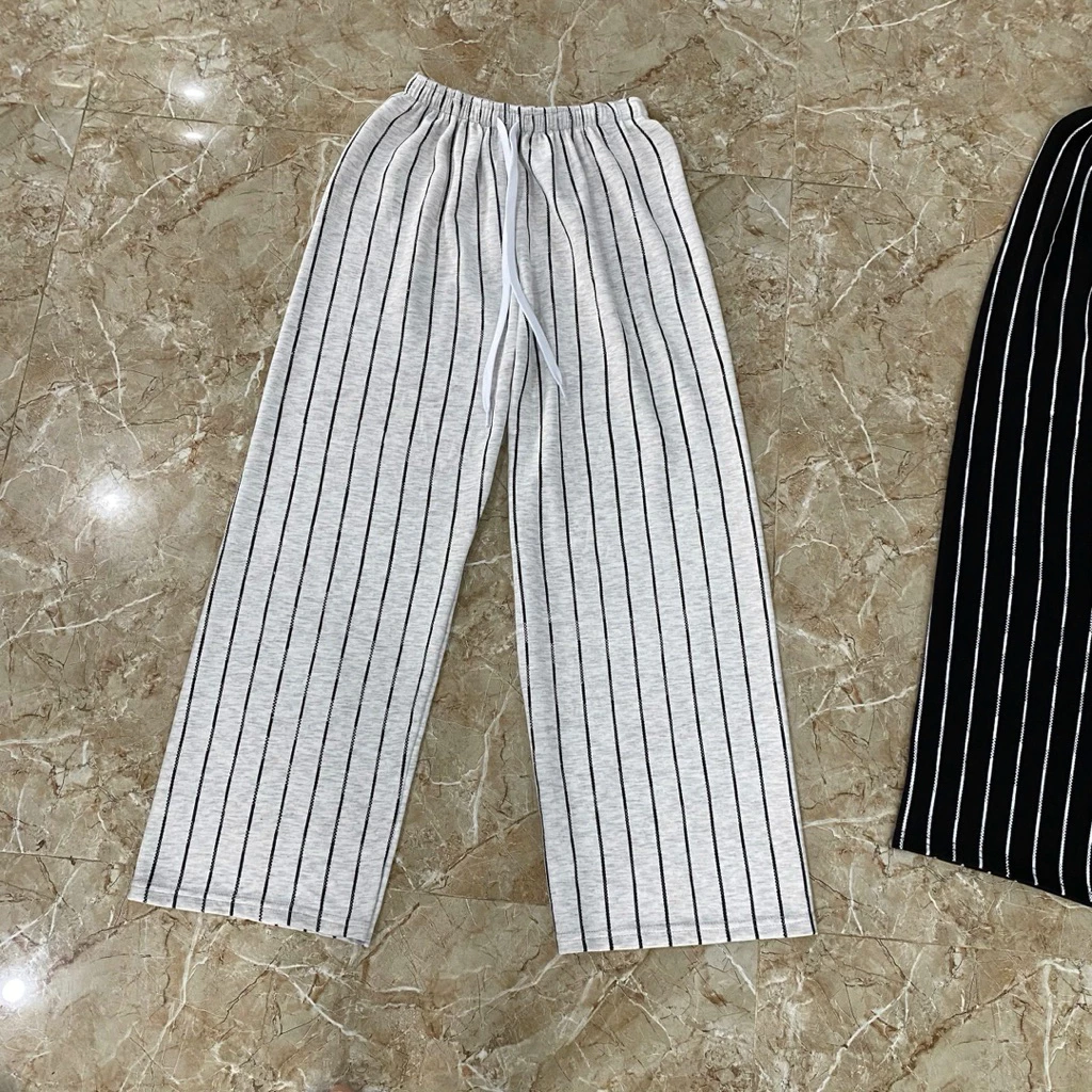 Quần suông nữ kẻ dọc chất  thun cotton co giãn dáng rộng  cạp chun rút 38-55 kg