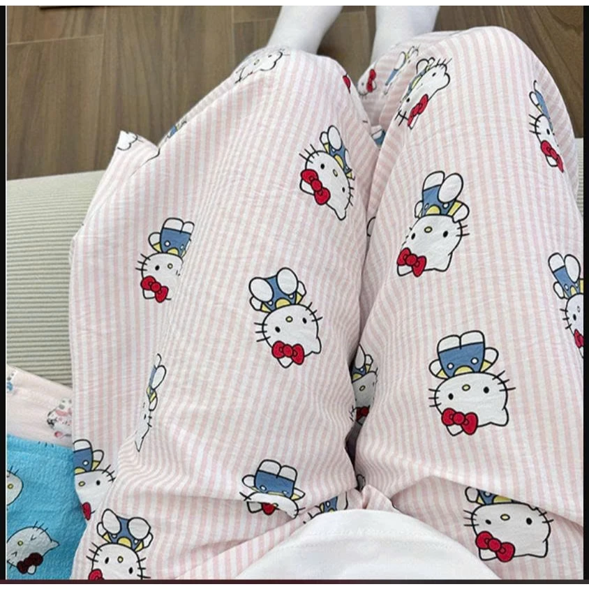Quần ngủ nữ quần dài xuông ống rộng, quần pijama kitty đũi xốp dễ thương freesize