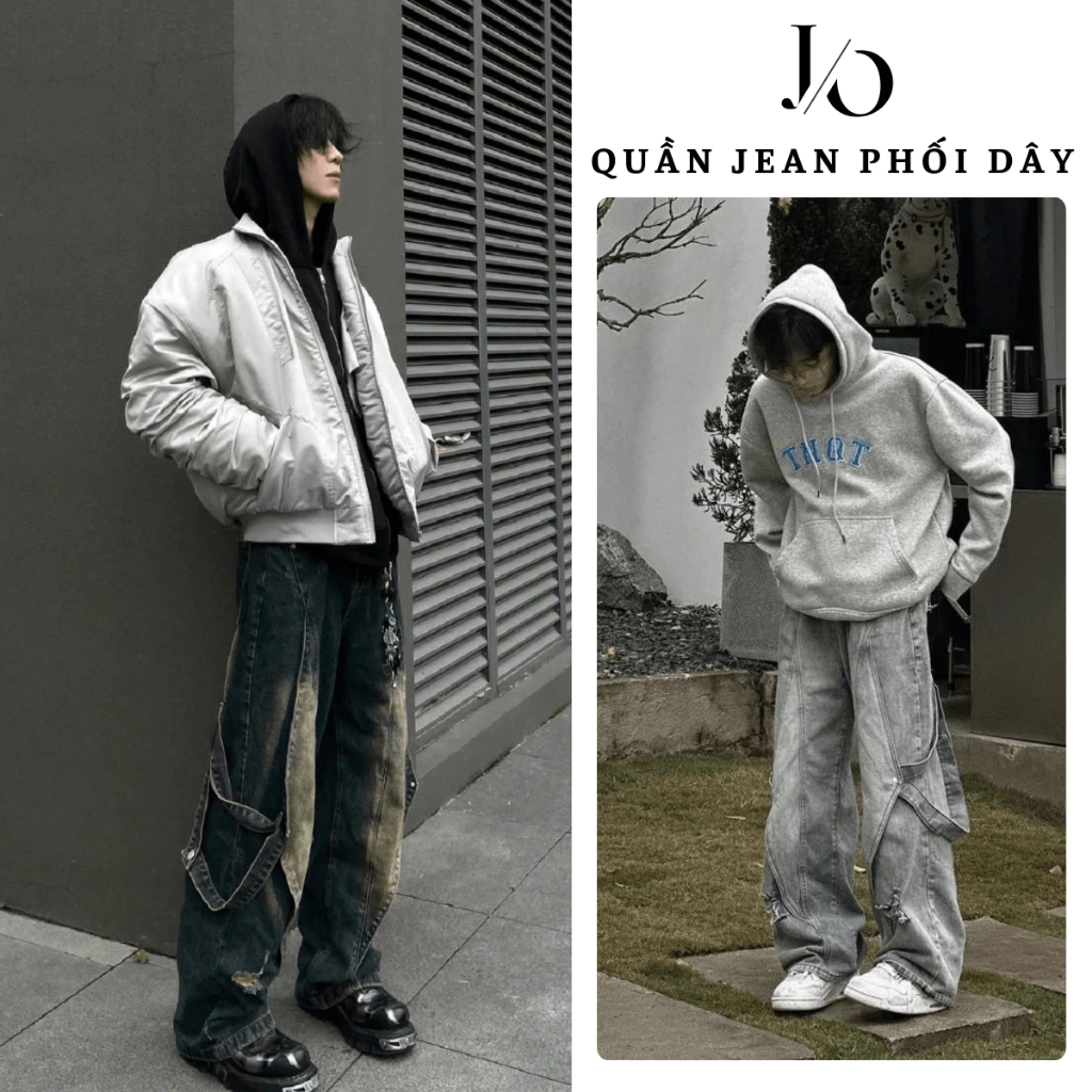 Quần Jean Phối Dây Nam 3 Màu WASH RETRO Suông Rộng Quần Jean Mang Mực Unisex BIGSIZE Phong Cách Năng Động
