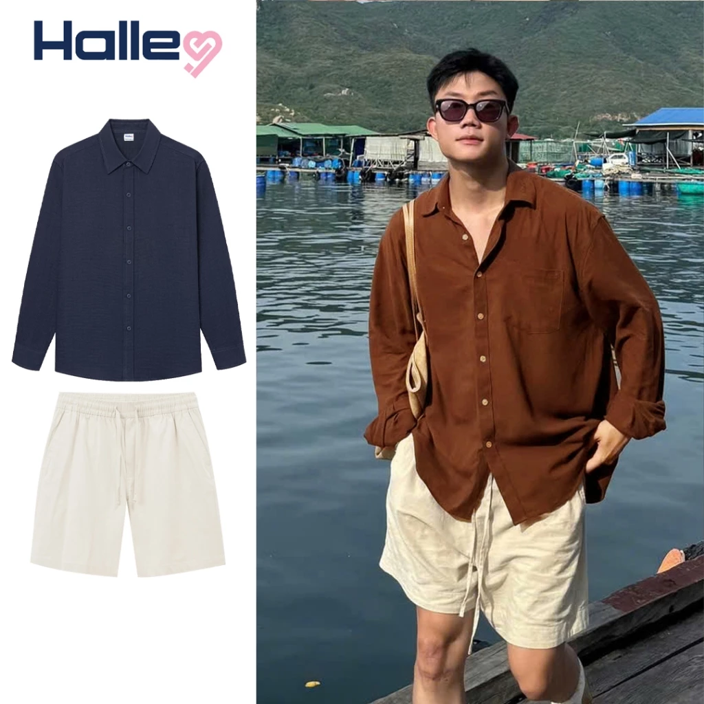Set Bộ Đồ Quần Áo Nam Gồm Áo Đũi Xước Dài Tay + Quần Short Linen Mát Mẻ Cao Cấp Mùa Hè Halley J47