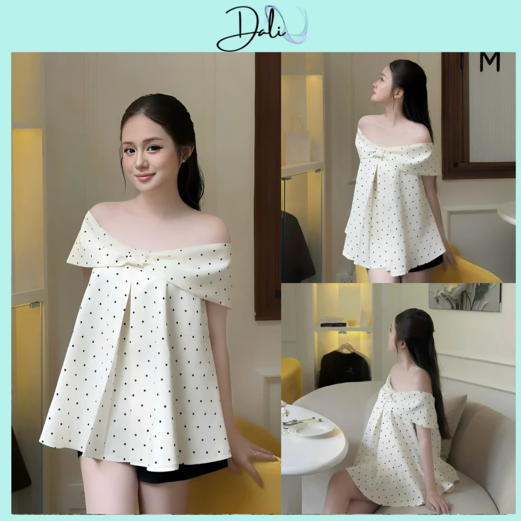 Áo Trễ Vai Phối Nơ Ngang Dáng Babydoll Hoạ Tiết Chấm Bi Chất Liệu Kaki Hàn Mềm Mại