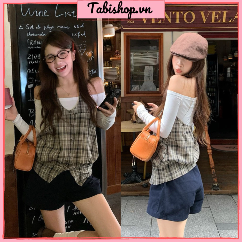 Set áo dài tay trễ vai phối áo ghile yếm caro TABISHOP Set 2 áo nữ kiểu dáng dễ thương mặc thu đông đi dạo chơi(234)