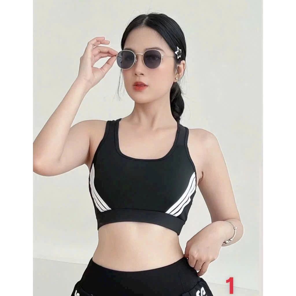 Áo phối kẻ Tập Gym Yoga Erobic Đi Biển Thể Thao chạy bộ , đan dây sau lưng Chất Pholy Co Giãn 4 Chiều Kèm Mút