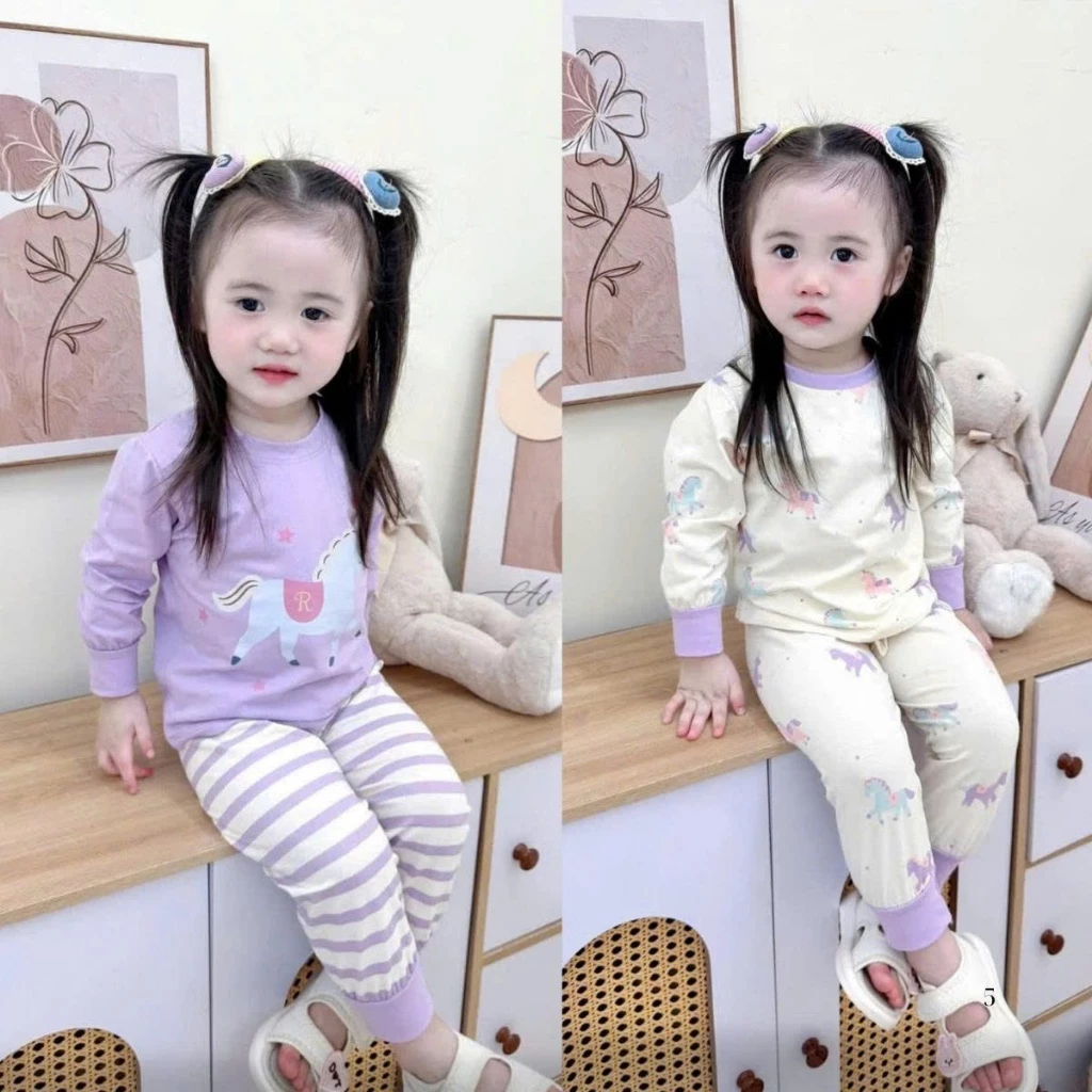 [8-18kg] Set đồ thu đông dài tay + cộc tay  bé gái dễ thương, chất cotton co giãn, CON NGỰA TÍM DÀI.